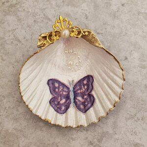 Decoupage & Hand Painted Scallop Shell Butterfly Gold Trim Trinket Dish Pretty